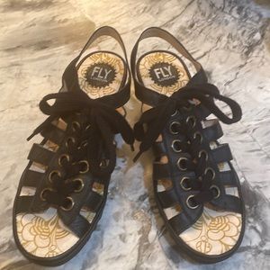 Women’s Fly London Yito Damani Sandals Black Leather Size 41 ( 10-10.5 )